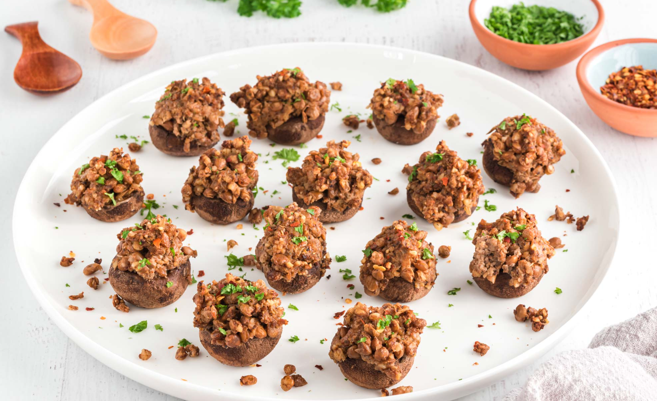 Vegan Lentil and Walnut Stuffed Mushrooms