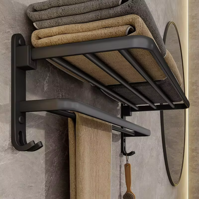 Matte Black 50CM Folding Holder with Hook Towel Holder Wall Mount Aluminumtowel Rack - Image 2