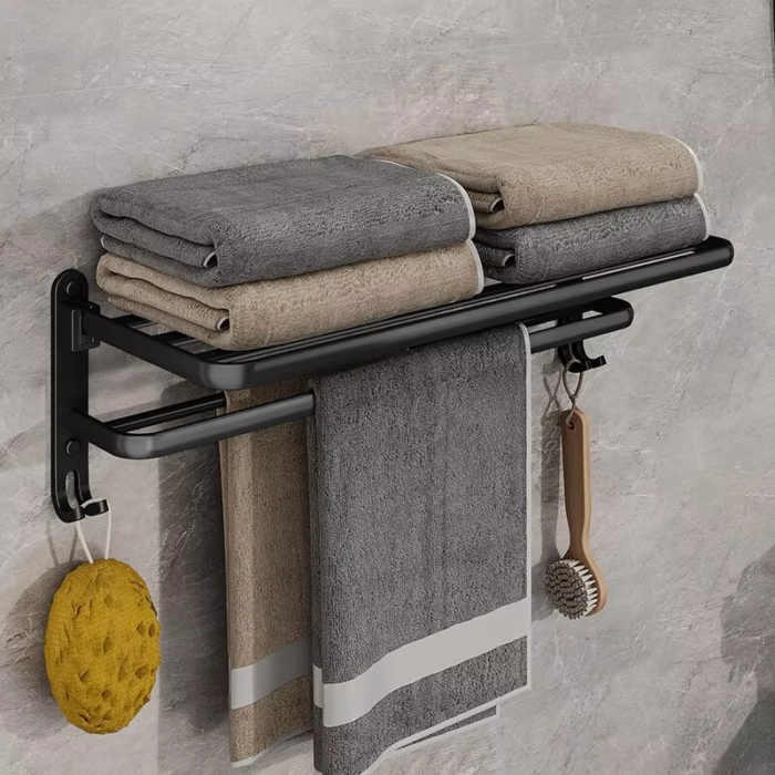 Matte Black 50CM Folding Holder with Hook Towel Holder Wall Mount Aluminumtowel Rack - Image 3